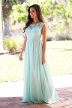 Vestido de dama de honor de gasa color menta, corte en A, largo hasta el suelo, con encaje BD039 