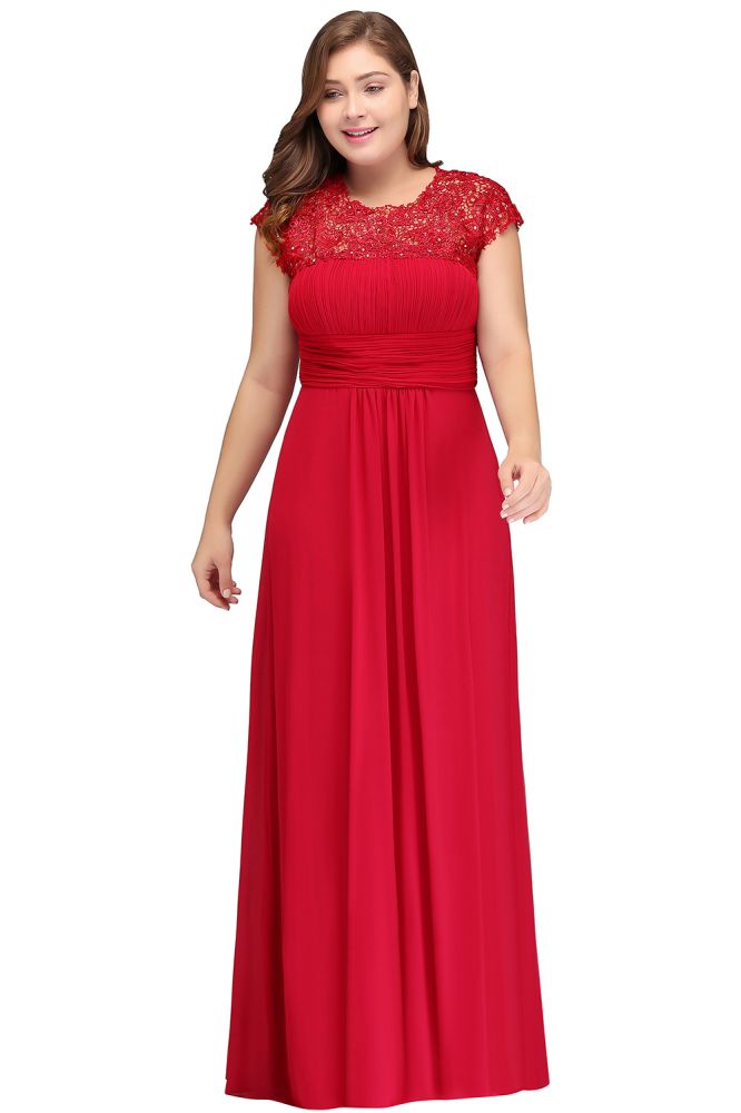 Vestidos de noche de talla grande, corte en A, manga corta, encaje y gasa con apliques, estilo línea A, cuello redondo, largo hasta el suelo.