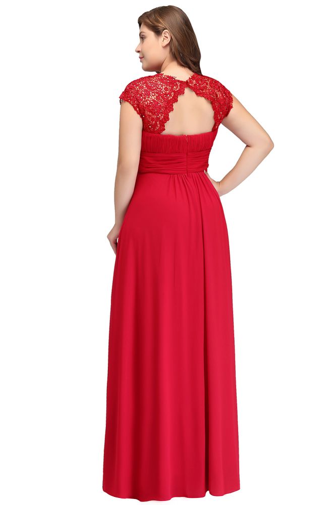 Vestidos de noche de talla grande, corte en A, manga corta, encaje y gasa con apliques, estilo línea A, cuello redondo, largo hasta el suelo.