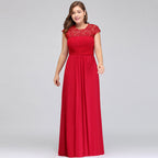 Vestidos de noche de talla grande, corte en A, manga corta, encaje y gasa con apliques, estilo línea A, cuello redondo, largo hasta el suelo.