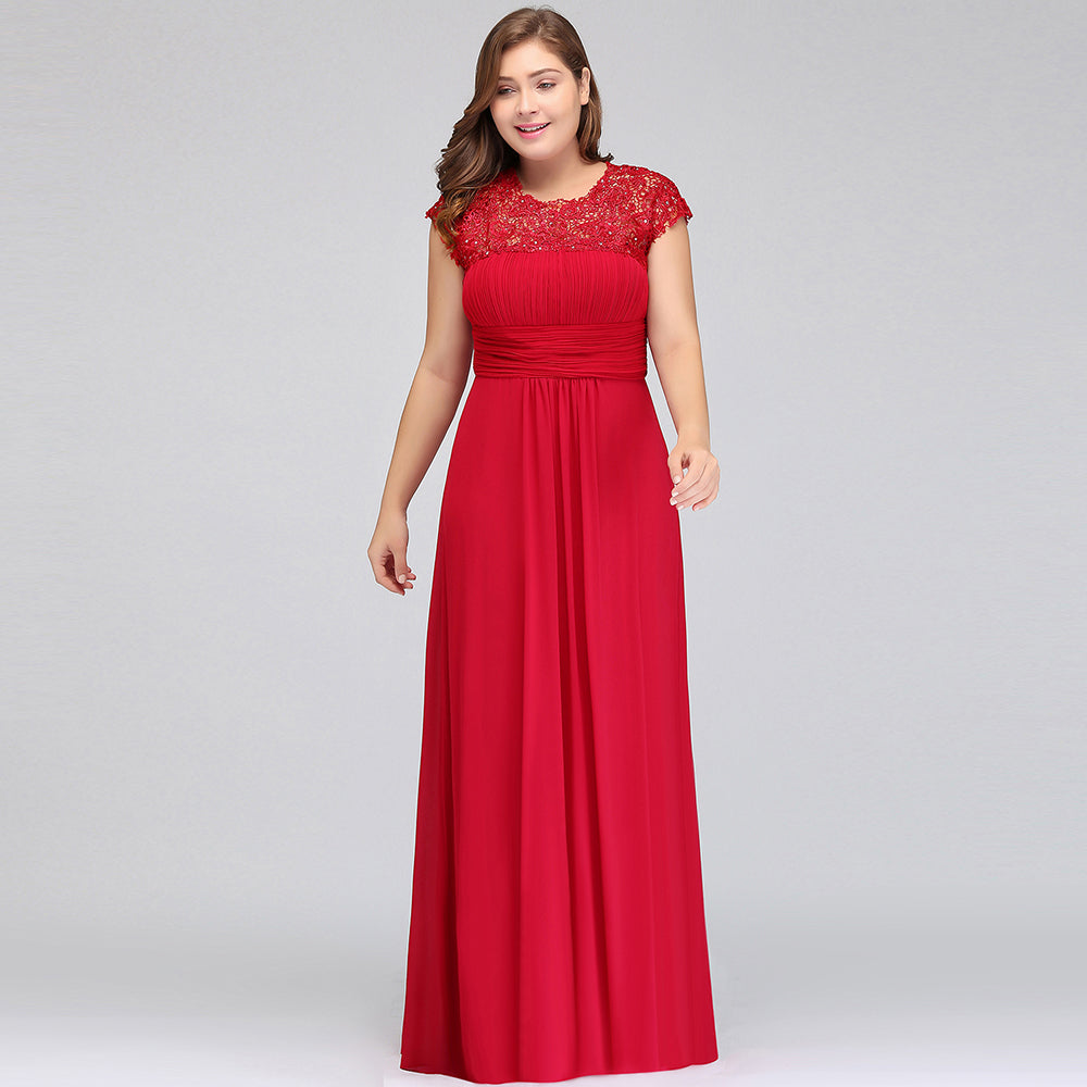 Vestidos de noche de talla grande, corte en A, manga corta, encaje y gasa con apliques, estilo línea A, cuello redondo, largo hasta el suelo.