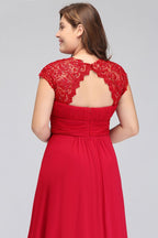 Vestidos de noche de talla grande, corte en A, manga corta, encaje y gasa con apliques, estilo línea A, cuello redondo, largo hasta el suelo.