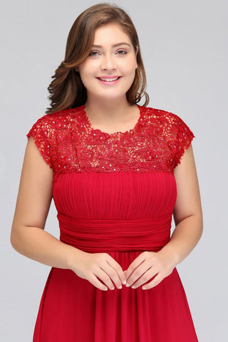 Vestidos de noche de talla grande, corte en A, manga corta, encaje y gasa con apliques, estilo línea A, cuello redondo, largo hasta el suelo.