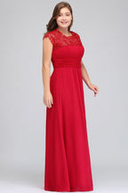 Vestidos de noche de talla grande, corte en A, manga corta, encaje y gasa con apliques, estilo línea A, cuello redondo, largo hasta el suelo.