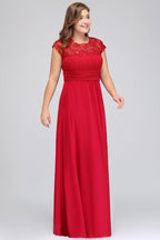 Vestidos de noche de talla grande, corte en A, manga corta, encaje y gasa con apliques, estilo línea A, cuello redondo, largo hasta el suelo.