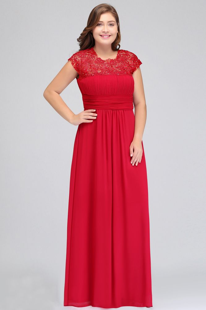Vestidos de noche de talla grande, corte en A, manga corta, encaje y gasa con apliques, estilo línea A, cuello redondo, largo hasta el suelo.