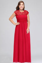 Vestidos de noche de talla grande, corte en A, manga corta, encaje y gasa con apliques, estilo línea A, cuello redondo, largo hasta el suelo.