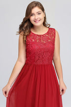 Vestidos de noche de gasa de encaje, corte en A, largos hasta el suelo, sin mangas, de talla grande, con cuello redondo y corte en A.