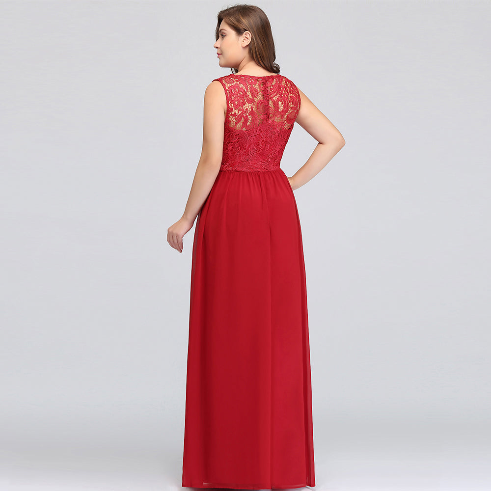 Vestidos de noche de gasa de encaje, corte en A, largos hasta el suelo, sin mangas, de talla grande, con cuello redondo y corte en A.