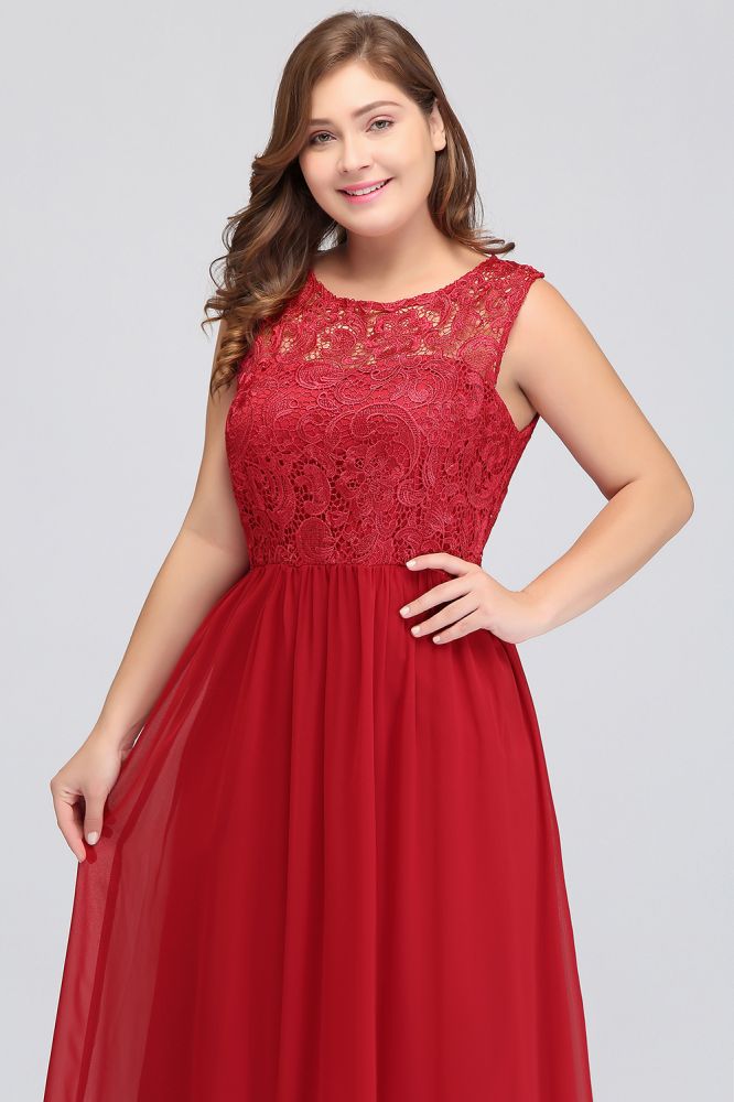 Vestidos de noche de gasa de encaje, corte en A, largos hasta el suelo, sin mangas, de talla grande, con cuello redondo y corte en A.