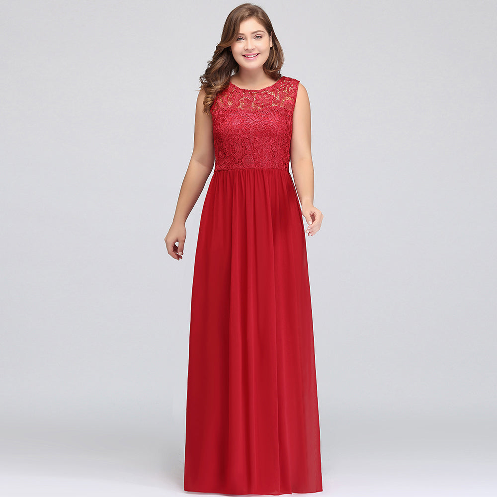 Vestidos de noche de gasa de encaje, corte en A, largos hasta el suelo, sin mangas, de talla grande, con cuello redondo y corte en A.
