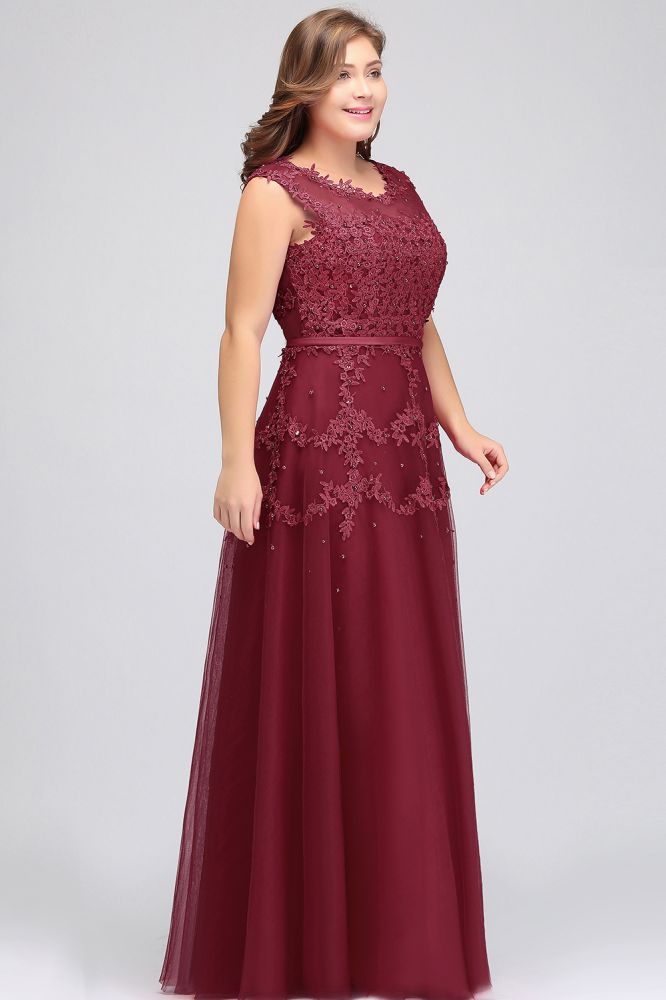 Vestidos de noche de talla grande, corte en A, sin mangas, con apliques de tul y cristales, hasta el suelo y corte redondo.