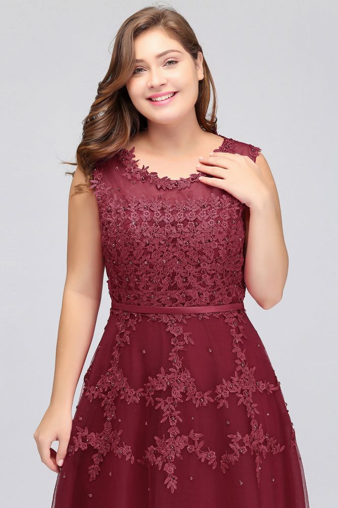 Vestidos de noche de talla grande, corte en A, sin mangas, con apliques de tul y cristales, hasta el suelo y corte redondo.
