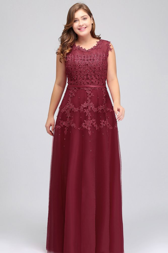 Vestidos de noche de talla grande, corte en A, sin mangas, con apliques de tul y cristales, hasta el suelo y corte redondo.