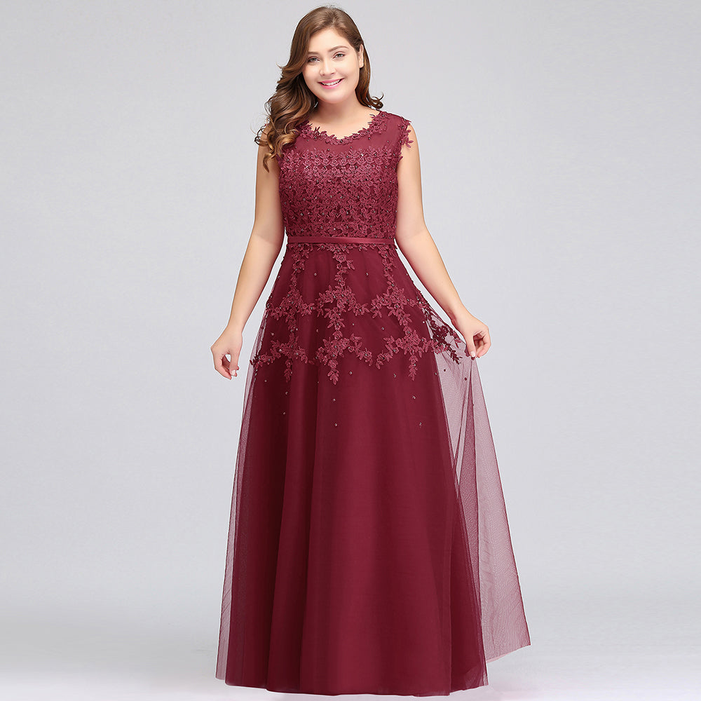 Vestidos de noche de talla grande, corte en A, sin mangas, con apliques de tul y cristales, hasta el suelo y corte redondo.