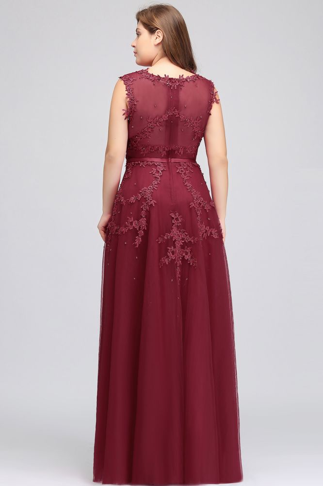 Vestidos de noche de talla grande, corte en A, sin mangas, con apliques de tul y cristales, hasta el suelo y corte redondo.