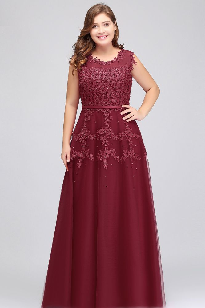 Vestidos de noche de talla grande, corte en A, sin mangas, con apliques de tul y cristales, hasta el suelo y corte redondo.