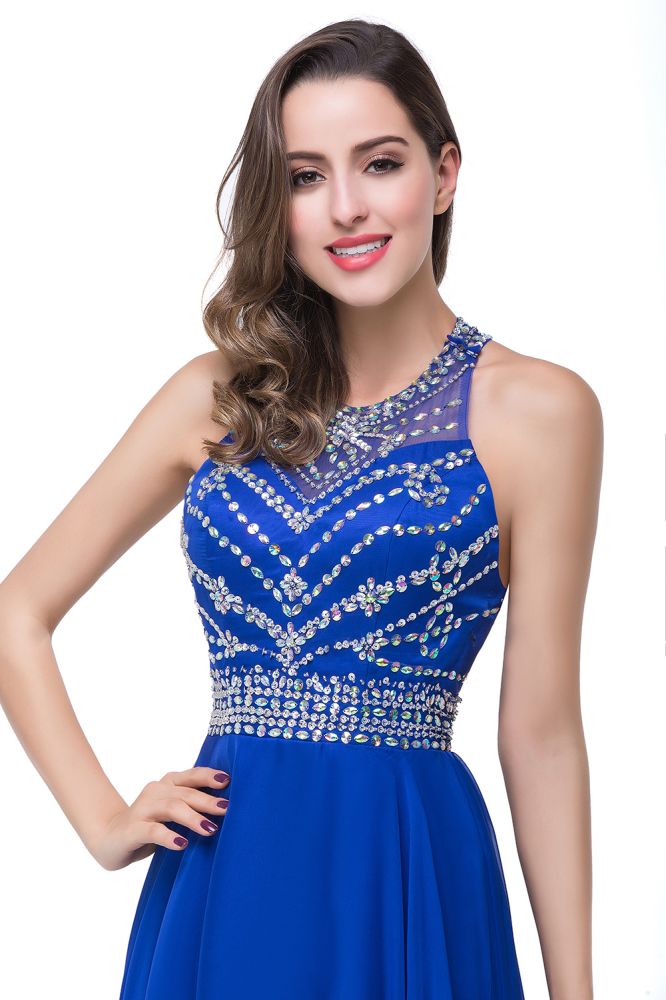 Vestidos de graduación de tul sin mangas, corte en A, sin mangas, con cuello redondo y cuentas de cristal
