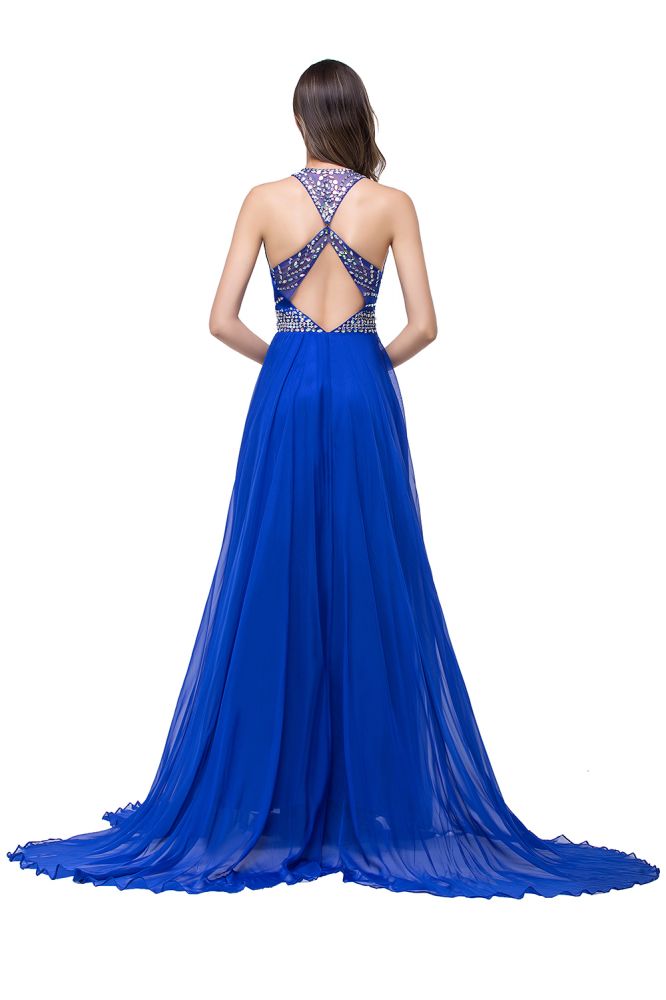 Vestidos de graduación de tul sin mangas, corte en A, sin mangas, con cuello redondo y cuentas de cristal