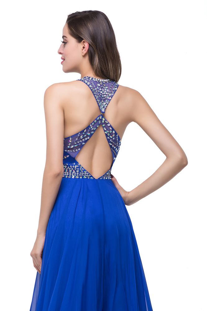 Vestidos de graduación de tul sin mangas, corte en A, sin mangas, con cuello redondo y cuentas de cristal