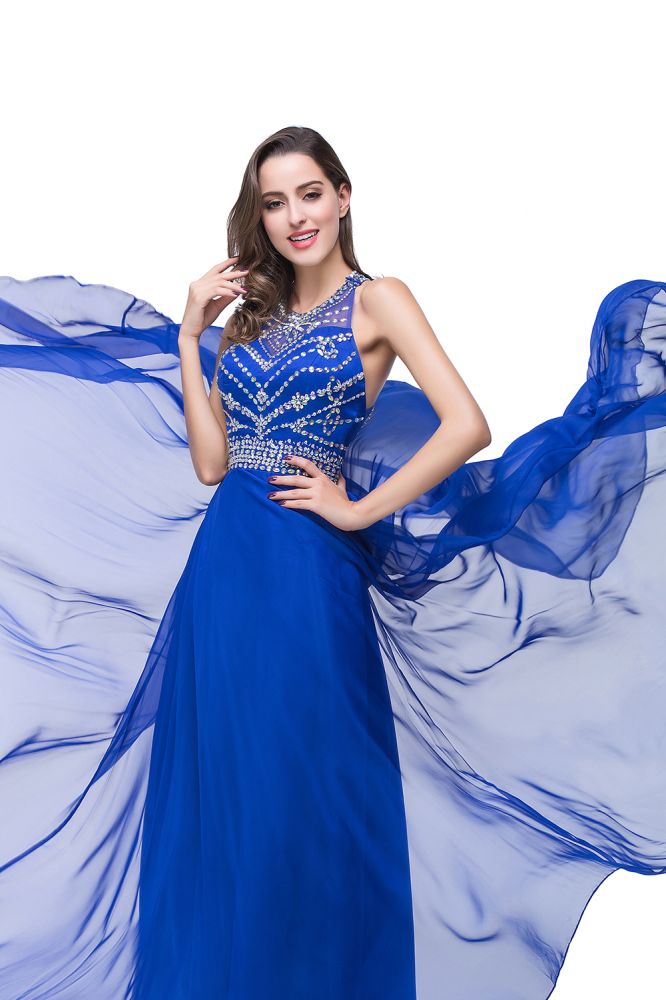 Vestidos de graduación de tul sin mangas, corte en A, sin mangas, con cuello redondo y cuentas de cristal