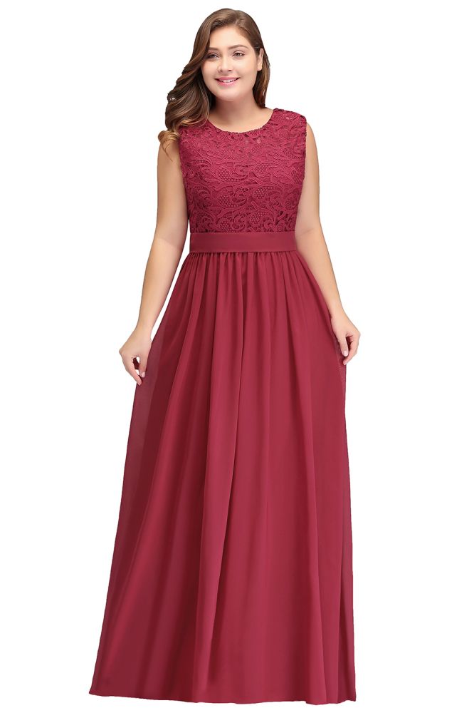 Vestidos de noche largos de talla grande, sin mangas, de encaje y gasa, corte en A, con fajín.