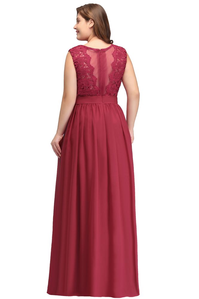 Vestidos de noche largos de talla grande, sin mangas, de encaje y gasa, corte en A, con fajín.