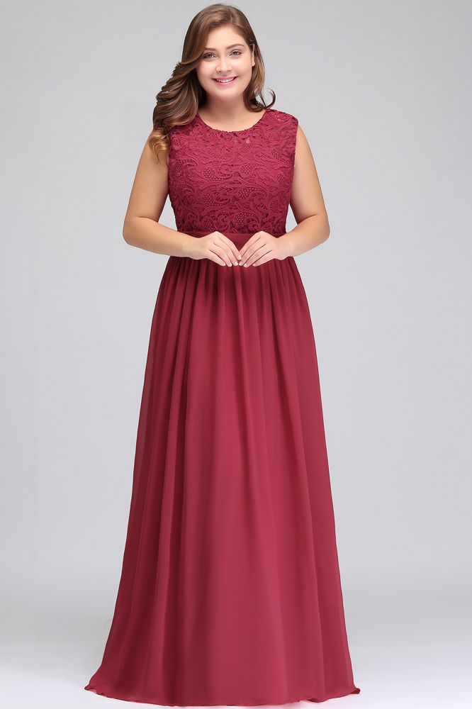 Vestidos de noche largos de talla grande, sin mangas, de encaje y gasa, corte en A, con fajín.