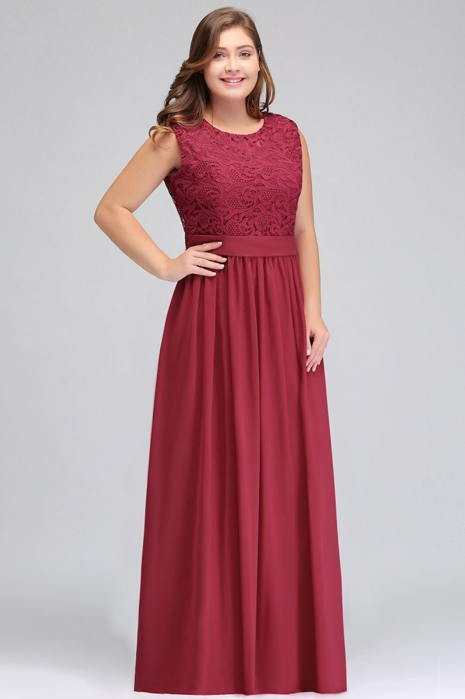 Vestidos de noche largos de talla grande, sin mangas, de encaje y gasa, corte en A, con fajín.