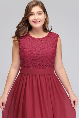 Vestidos de noche largos de talla grande, sin mangas, de encaje y gasa, corte en A, con fajín.