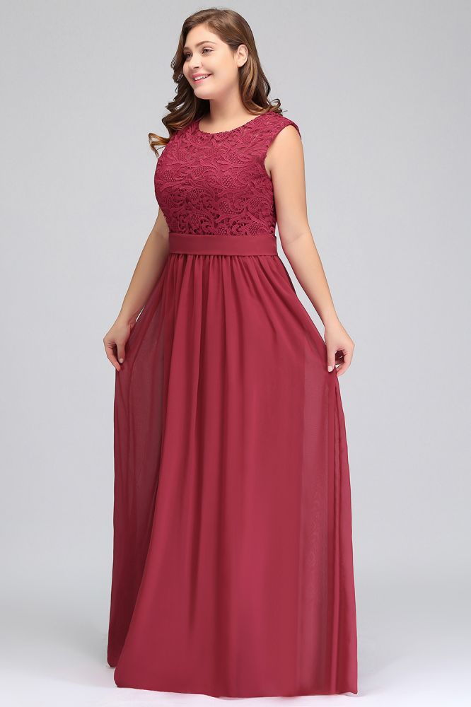 Vestidos de noche largos de talla grande, sin mangas, de encaje y gasa, corte en A, con fajín.