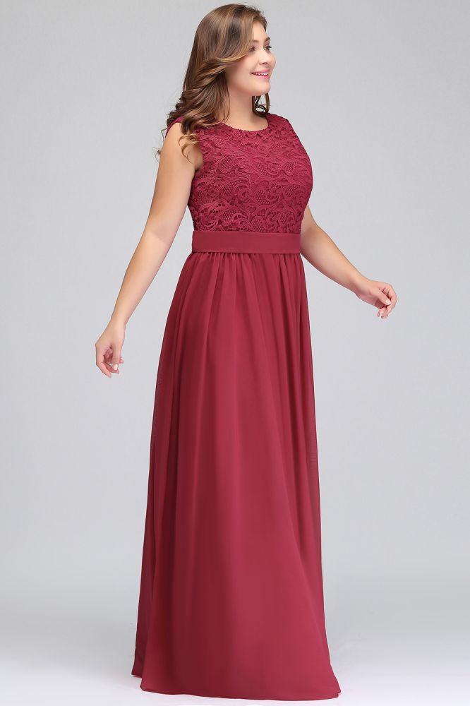 Vestidos de noche largos de talla grande, sin mangas, de encaje y gasa, corte en A, con fajín.
