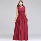 Vestidos de noche largos de talla grande, sin mangas, de encaje y gasa, corte en A, con fajín.