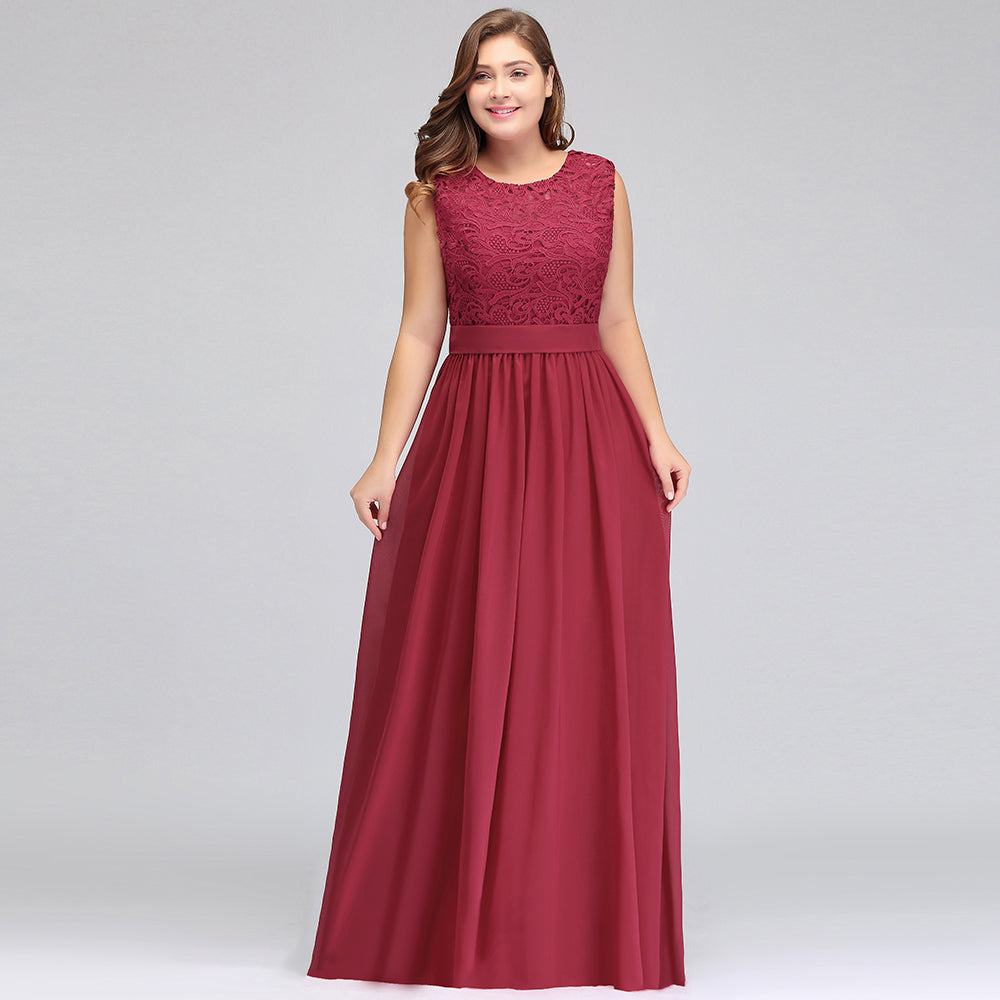 Vestidos de noche largos de talla grande, sin mangas, de encaje y gasa, corte en A, con fajín.