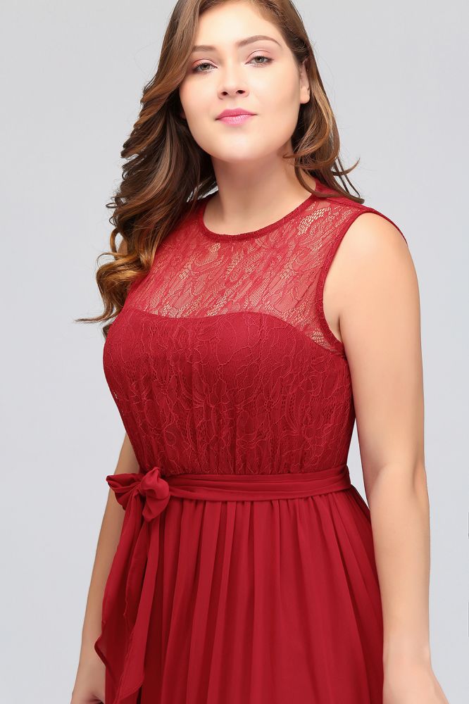 Vestidos de noche largos de gasa de talla grande, corte en A, sin mangas, con volantes y lazo.
