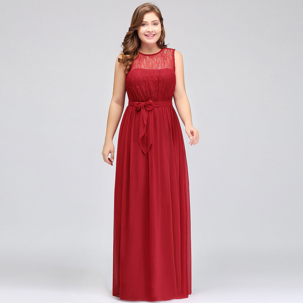 Vestidos de noche largos de gasa de talla grande, corte en A, sin mangas, con volantes y lazo.