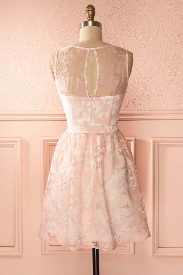 Vestido corto de fiesta de encaje rosa perlado con espalda descubierta y corte en A PD145