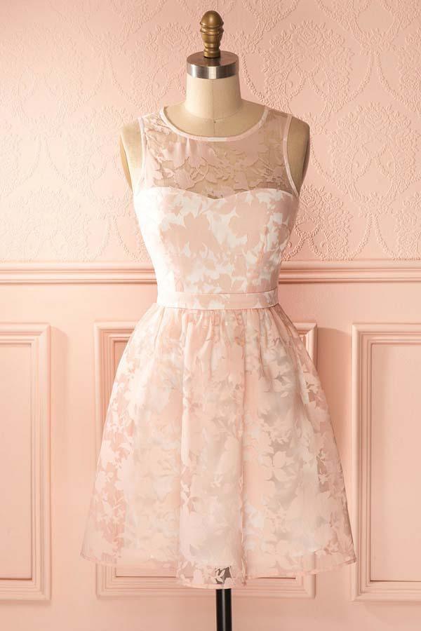 Vestido corto de fiesta de encaje rosa perlado con espalda descubierta y corte en A PD145