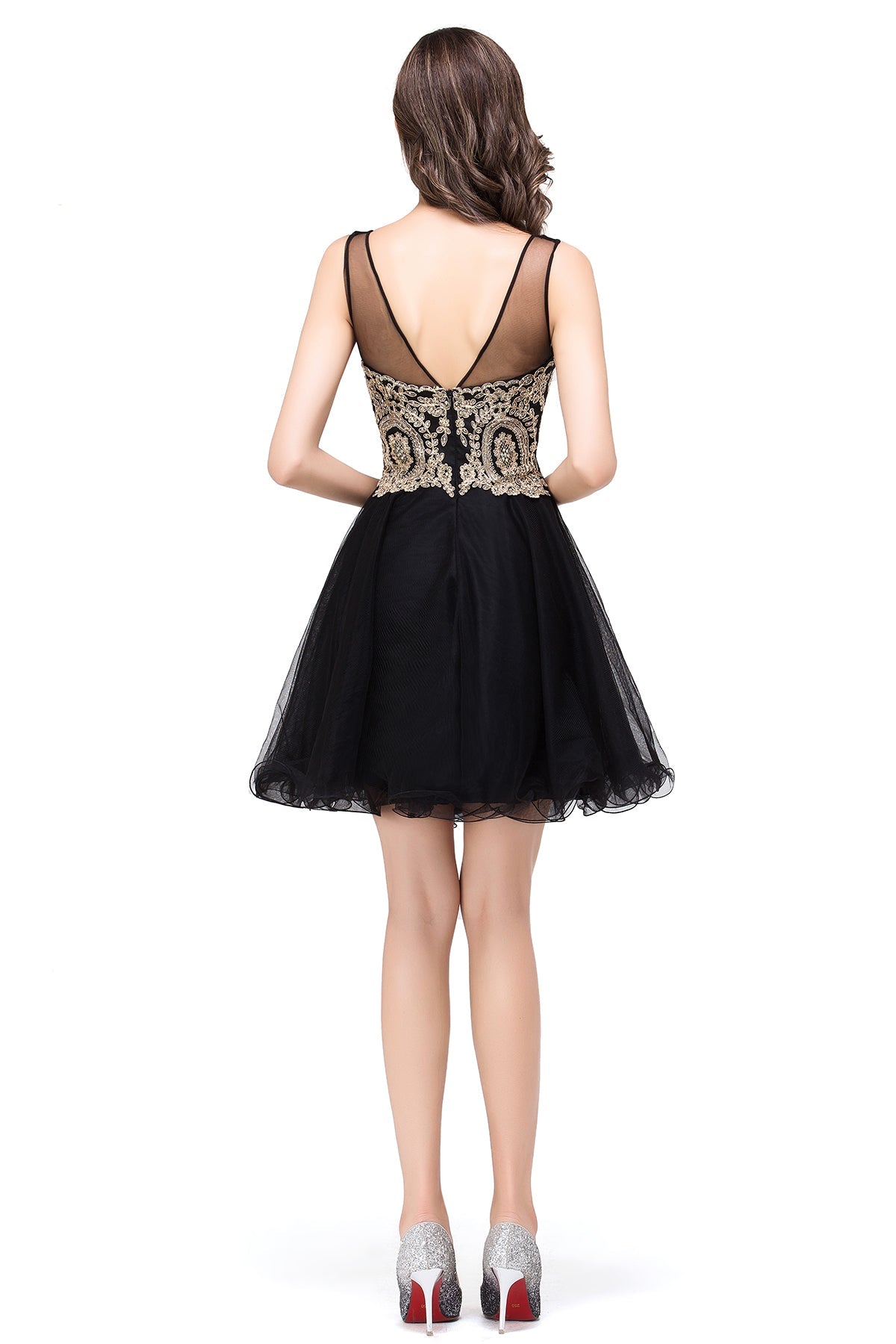 Vestidos de fiesta cortos sin mangas con apliques y corte en A