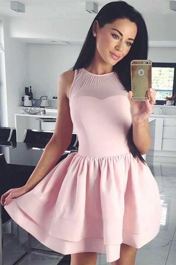 Vestido corto rosa satinado de corte en A, sin mangas, con volantes, para baile de bienvenida (PD087)
