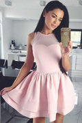 Vestido corto rosa satinado de corte en A, sin mangas, con volantes, para baile de bienvenida (PD087)