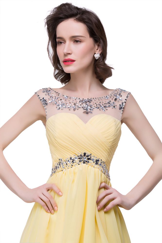 Vestido de fiesta de gasa con joyas de cristal, corte en A