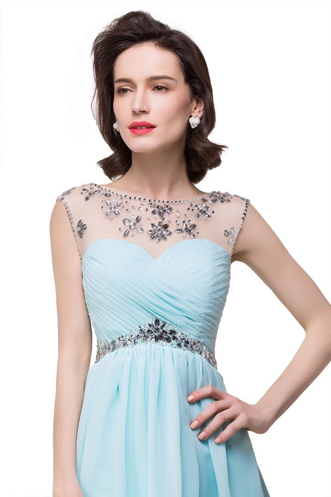 Vestido de fiesta de gasa con joyas de cristal, corte en A