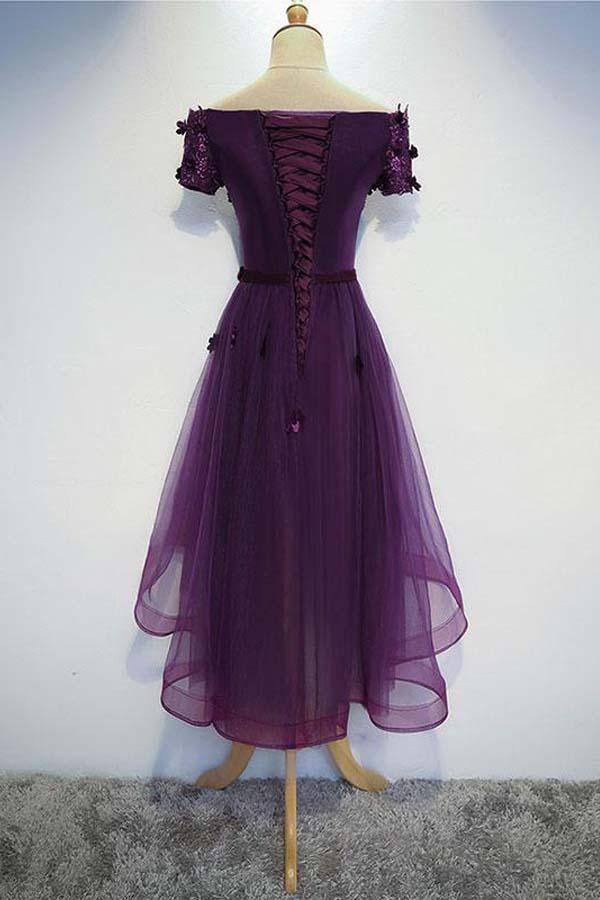 Vestido de fiesta morado de corte A con bajo asimétrico