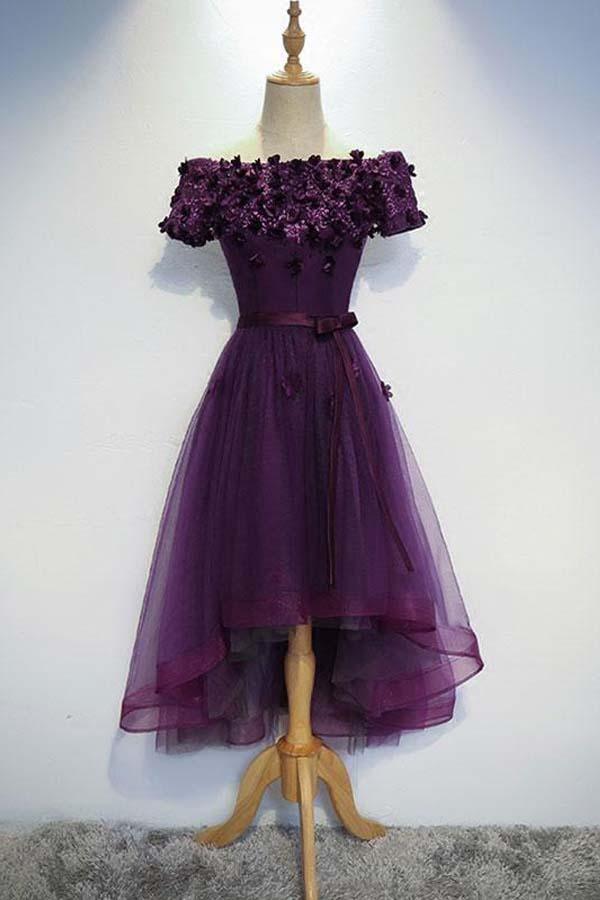 Vestido de fiesta morado de corte A con bajo asimétrico