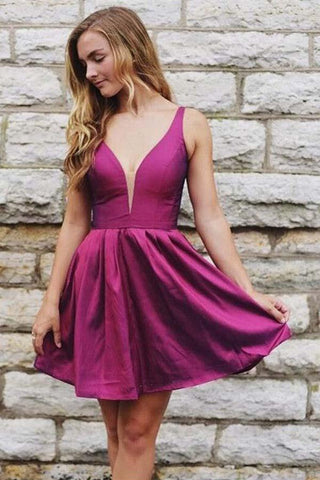 Vestido corto de fiesta de graduación PD260, corte en A, escote en V, espalda descubierta, tafetán rojo rosa