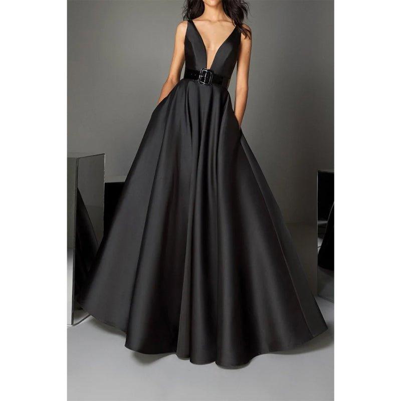 Vestidos de noche largos negros de corte formal, con escote en V profundo, cinturón y bolsillos. 