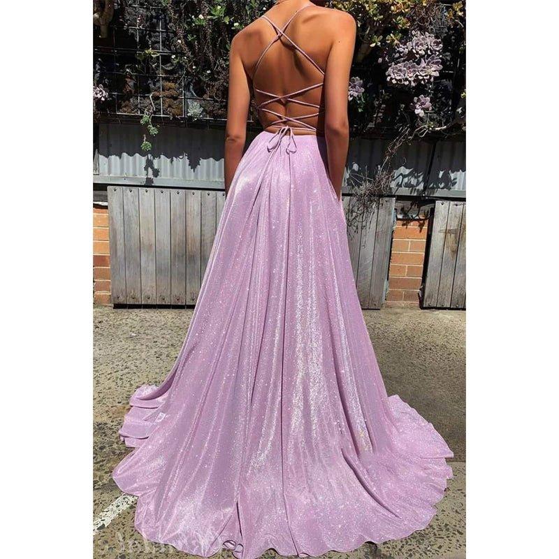 Vestido de graduación lavanda brillante con escote en V profundo y corte en A, con bolsillos. 