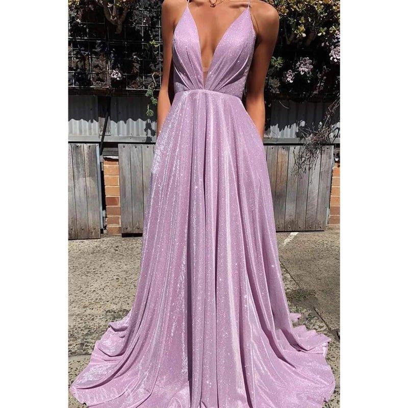 Vestido de graduación lavanda brillante con escote en V profundo y corte en A, con bolsillos. 