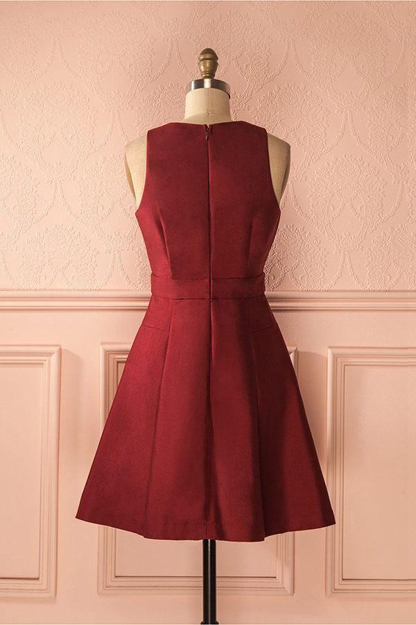 Vestido de fiesta de satén burdeos sin mangas con escote en V profundo y cordones, corte en A, PD386